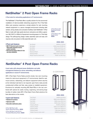 For more information about APC’s Availability Solutions, visit www.apc.com 7
NETSHELTER®
SXNETSHELTER®
2- AND 4 POST OPEN FRAME RACKS
2 Post racks for networking applications in IT environments
The NetShelter®
2 Post Rack offers a quality solution for the economical
installation of rack-mountable networking equipment. The 2 Post Rack
offers cost conscious customers a simple solution for rack mounting
network equipment in a secure managed environment including data
centers, wiring closets and co-location facilities. Each NetShelter®
2-Post
Rack is made with high grade aluminum extrusions and offers a gener-
ous 45U (78.75" or 200cm) of equipment mounting space in a 7 foot high
design. The self-squaring design makes assembly quick and easy and
requires only one person to fully assemble each unit.
2 Post rack features
• 6061-T6 Structural grade aluminum:
High quality aluminum ensures
product durability
• Self squaring design: Allows for fast
and easy installation
NetShelter®
2 Post Open Frame Racks
2-Post Rack with
Aluminum finish:
AR200
2-Post Rack with
black finish:
AR201
AR200, AR201
Net Weight 26.00 lbs (11.82 kg)
Net Height 83.50 inches (212.09 cm)
Net Width 20.20 inches (51.31 cm)
Net Depth 14.80 inches (37.59 cm)
Shipping Weight 30.00 lbs (13.64 kg)
Shipping Height 86.00 inches (218.44 cm)
Weight Capacity (static load) 750.00 lbs (340.19 kg)
4 post racks with advanced power distribution and cable
management features for server, networking, and telecom
applications in secure IT environments.
APC 4 Post Open Frame Racks provide simple, low cost mounting
means for rack-mount equipment in IT environments. Ideal for rack-
mount servers, networking, and telecom equipment where security
at the individual rack level is not required, open frame racks provide
unobstructed airflow and fast, easy access to installed equipment.
Provisions for vertically mounting APC Rack PDUs in the rear com-
bined with options for easily routing, organizing, and storing large
bundles of cables make APC 4 Post Open Frame Rack solutions the
best alternative on the market.
4 post rack features
• Numbered U positions
• Optimized width
• Reversible stabilization plates
NetShelter®
4 Post Open Frame Racks
Net Weight 92.00 lbs (41.82 kg)
Net Height 80.90 inches (205.49 cm)
Net Width 20.60 inches (52.32 cm)
Net Depth 29.50 inches (74.93 cm)
Shipping Weight 102.00 lbs (46.36 kg)
Shipping Height 82.00 inches (208.28 cm)
Shipping Width 10.00 inches (25.40 cm)
Shipping Depth 7.40 inches (18.80 cm)
Weight Capacity (static load) 1000.00 lbs (453.59 kg)
AR203, AR204
(X-CERTIFIED)
4 Post 43U Rack with
Square Mounting Holes: AR203
4 Post 43U Rack with #12-24
Threaded Mounting Holes: AR204
 