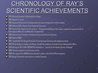 CHRONOLOGY OF RAY’S   SCIENTIFIC ACHIEVEMENTS 1879-Started Education in Metropolitan college 1881-Passed F.A. Exam 1882-Received Gilchrist Prize Scholarship and went to England for further studies 1886-Obtained B.Sc. Degree from Edinburgh University 1887-Got his D.Sc. Degree for his work on  “Conjugated sulphates of the copper-magnesium group:A study of Isomorphous Mixtures and Molecular Combinations 1888-Elected Vice-President of Edinburgh University Chemical Society 1889-Back to INDIA 1892- Established the Bengal Chemicals & started experimenting with indigenous plants 1893-Wrote books on Zoology and Botany, bought the sulphuric acid plant from Jadavchandra Mitra 1894-Writing on OIL & GHEE IMPURITIES published in  “Journal of the Asiatic Society of Bengal” 1896-Famous research on mercurous nitrite  1898-His research on INDIAN plants obtained a place in the British Pharmacopoeia 1901-Bengal Chemicals converted to a Limited Company 
