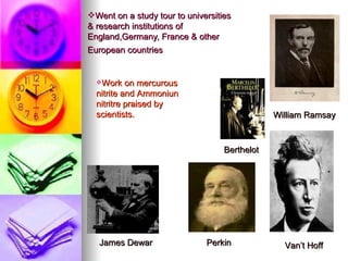 Went on a study tour to universities & research institutions of England,Germany, France & other European countries   Work on mercurous nitrite and Ammoniun nitritre praised by scientists. William Ramsay James Dewar Perkin Van’t Hoff Berthelot 