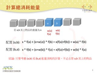 計算總消耗能量
w(a)
f(a)
wb)
f(b)
𝑏
𝑎
結論: 只要考慮 (a,b) 或 (b,a) 能量消耗的計算，不必去管 a,b 其上的物品
若 a,b 其上物品的重量為 x
x * f(a) + (x+w(a)) * f(b) =...