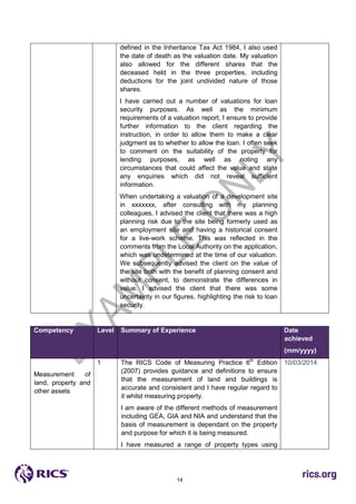 14
defined in the Inheritance Tax Act 1984, I also used
the date of death as the valuation date. My valuation
also allowed for the different shares that the
deceased held in the three properties, including
deductions for the joint undivided nature of those
shares.
I have carried out a number of valuations for loan
security purposes. As well as the minimum
requirements of a valuation report, I ensure to provide
further information to the client regarding the
instruction, in order to allow them to make a clear
judgment as to whether to allow the loan. I often seek
to comment on the suitability of the property for
lending purposes, as well as noting any
circumstances that could affect the value and state
any enquiries which did not reveal sufficient
information.
When undertaking a valuation of a development site
in xxxxxxx, after consulting with my planning
colleagues, I advised the client that there was a high
planning risk due to the site being formerly used as
an employment site and having a historical consent
for a live-work scheme. This was reflected in the
comments from the Local Authority on the application,
which was undetermined at the time of our valuation.
We subsequently advised the client on the value of
the site both with the benefit of planning consent and
without consent, to demonstrate the differences in
value. I advised the client that there was some
uncertainty in our figures, highlighting the risk to loan
security.
Competency Level Summary of Experience Date
achieved
(mm/yyyy)
Measurement of
land, property and
other assets
1 The RICS Code of Measuring Practice 6th
Edition
(2007) provides guidance and definitions to ensure
that the measurement of land and buildings is
accurate and consistent and I have regular regard to
it whilst measuring property.
I am aware of the different methods of measurement
including GEA, GIA and NIA and understand that the
basis of measurement is dependant on the property
and purpose for which it is being measured.
I have measured a range of property types using
10/03/2014
 