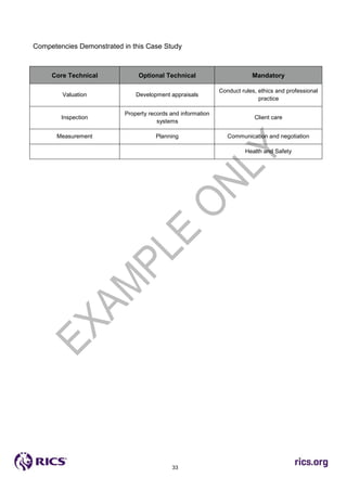 33
Competencies Demonstrated in this Case Study
Core Technical Optional Technical Mandatory
Valuation Development appraisals
Conduct rules, ethics and professional
practice
Inspection
Property records and information
systems
Client care
Measurement Planning Communication and negotiation
Health and Safety
 