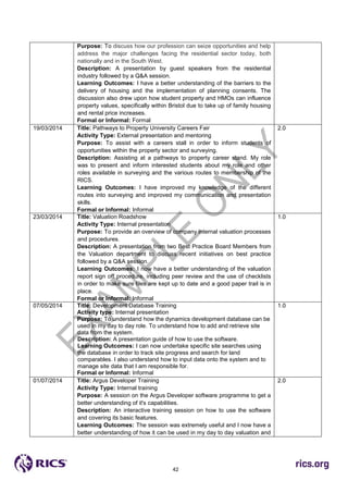 42
Purpose: To discuss how our profession can seize opportunities and help
address the major challenges facing the residential sector today, both
nationally and in the South West.
Description: A presentation by guest speakers from the residential
industry followed by a Q&A session.
Learning Outcomes: I have a better understanding of the barriers to the
delivery of housing and the implementation of planning consents. The
discussion also drew upon how student property and HMOs can influence
property values, specifically within Bristol due to take up of family housing
and rental price increases.
Formal or Informal: Formal
19/03/2014 Title: Pathways to Property University Careers Fair
Activity Type: External presentation and mentoring
Purpose: To assist with a careers stall in order to inform students of
opportunities within the property sector and surveying.
Description: Assisting at a pathways to property career stand. My role
was to present and inform interested students about my role and other
roles available in surveying and the various routes to membership of the
RICS.
Learning Outcomes: I have improved my knowledge of the different
routes into surveying and improved my communication and presentation
skills.
Formal or Informal: Informal
2.0
23/03/2014 Title: Valuation Roadshow
Activity Type: Internal presentation
Purpose: To provide an overview of company internal valuation processes
and procedures.
Description: A presentation from two Best Practice Board Members from
the Valuation department to discuss recent initiatives on best practice
followed by a Q&A session.
Learning Outcomes: I now have a better understanding of the valuation
report sign off procedure, including peer review and the use of checklists
in order to make sure files are kept up to date and a good paper trail is in
place.
Formal or Informal: Informal
1.0
07/05/2014 Title: Development Database Training
Activity type: Internal presentation
Purpose: To understand how the dynamics development database can be
used in my day to day role. To understand how to add and retrieve site
data from the system.
Description: A presentation guide of how to use the software.
Learning Outcomes: I can now undertake specific site searches using
the database in order to track site progress and search for land
comparables. I also understand how to input data onto the system and to
manage site data that I am responsible for.
Formal or Informal: Informal
1.0
01/07/2014 Title: Argus Developer Training
Activity Type: Internal training
Purpose: A session on the Argus Developer software programme to get a
better understanding of it's capabilities.
Description: An interactive training session on how to use the software
and covering its basic features.
Learning Outcomes: The session was extremely useful and I now have a
better understanding of how it can be used in my day to day valuation and
2.0
 