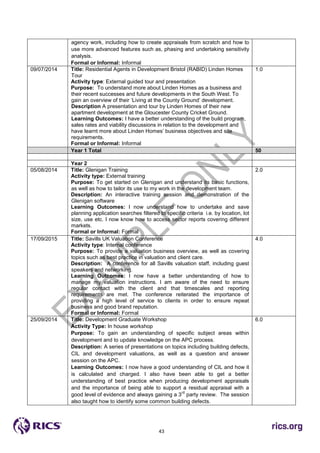 43
agency work, including how to create appraisals from scratch and how to
use more advanced features such as, phasing and undertaking sensitivity
analysis.
Formal or Informal: Informal
09/07/2014 Title: Residential Agents in Development Bristol (RABID) Linden Homes
Tour
Activity type: External guided tour and presentation
Purpose: To understand more about Linden Homes as a business and
their recent successes and future developments in the South West. To
gain an overview of their ‘Living at the County Ground’ development.
Description A presentation and tour by Linden Homes of their new
apartment development at the Gloucester County Cricket Ground.
Learning Outcomes: I have a better understanding of the build program,
sales rates and viability discussions in relation to the development and
have learnt more about Linden Homes’ business objectives and site
requirements.
Formal or Informal: Informal
1.0
Year 1 Total 50
Year 2
05/08/2014 Title: Glenigan Training
Activity type: External training
Purpose: To get started on Glenigan and understand its basic functions,
as well as how to tailor its use to my work in the development team.
Description: An interactive training session and demonstration of the
Glenigan software
Learning Outcomes: I now understand how to undertake and save
planning application searches filtered to specific criteria i.e. by location, lot
size, use etc. I now know how to access sector reports covering different
markets.
Formal or Informal: Formal
2.0
17/09/2015 Title: Savills UK Valuation Conference
Activity type: Internal conference
Purpose: To provide a valuation business overview, as well as covering
topics such as best practice in valuation and client care.
Description: A conference for all Savills valuation staff, including guest
speakers and networking.
Learning Outcomes: I now have a better understanding of how to
manage my valuation instructions. I am aware of the need to ensure
regular contact with the client and that timescales and reporting
requirements are met. The conference reiterated the importance of
providing a high level of service to clients in order to ensure repeat
business and good brand reputation.
Formal or Informal: Formal
4.0
25/09/2014 Title: Development Graduate Workshop
Activity Type: In house workshop
Purpose: To gain an understanding of specific subject areas within
development and to update knowledge on the APC process.
Description: A series of presentations on topics including building defects,
CIL and development valuations, as well as a question and answer
session on the APC.
Learning Outcomes: I now have a good understanding of CIL and how it
is calculated and charged. I also have been able to get a better
understanding of best practice when producing development appraisals
and the importance of being able to support a residual appraisal with a
good level of evidence and always gaining a 3
rd
party review. The session
also taught how to identify some common building defects.
6.0
 