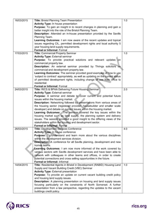 45
16/03/2015 Title: Bristol Planning Team Presentation
Activity Type: In house presentation
Purpose: To gain an insight in to recent changes in planning and gain a
better insight into the role of the Bristol Planning Team.
Description: Attended an in-house presentation provided by the Savills
Planning Team.
Learning Outcomes: I am now aware of the recent updates and topical
issues regarding CIL, permitted development rights and local authority 5
year housing land supply requirements.
Formal or Informal: Formal
1.0
17/03/2015 Title: Commercial Property Seminar
Activity Type: External seminar
Purpose: To provide practical solutions and relevant updates on
commercial property law.
Description: An external seminar provided by Thrings solicitors on
commercial and development property law.
Learning Outcomes: The seminar provided good examples of how to use
‘subject to contract’ appropriately, as well as updating on the current status
of permitted development rights, including change of use from office to
residential.
Formal or Informal: Formal
1.0
24/03/2015 Title: RICS & BPAA Delivering Future Housing Seminar
Activity Type: External seminar
Purpose: A seminar and debate to cover current and potential future
issues within the housing market.
Description: Networking followed by presentations from various areas of
the housing sector (registered provider, housebuilder and smaller scale
developer) and debate on current issues within the housing market.
Learning Outcomes: The seminar covered the key issues within the
housing market such as land supply, the planning system and delivery
issues. The session provided a good insight to the differing views of the
stakeholders within the housing and development sector.
Formal or Informal: Formal
2.0
26/03/2015 Title: Development Services Conference
Activity Type: In house conference
Purpose: To understand and learn more about the various disciplines
within the development services division.
Description: A conference for all Savills planning, development and new
homes teams.
Learning Outcomes: I am now more informed of the work covered by
various sectors with Savills development services and have been able to
network with colleagues in other teams and offices, in order to create
potential connections and cross selling opportunities in the future.
Formal or Informal: Informal
4.0
14/04/2015 Title: Residential Agents in Bristol in Development (RABID) Housing Land
Supply and Vacant Building Credit (VBC) Seminar
Activity Type: External presentation
Purpose: To provide an update on current vacant building credit policy
and housing land supply issues.
Description: A planning presentation on housing and land supply issues
focusing particularly on the constraints of North Somerset. A further
presentation from a law perspective, regarding the updates to the vacant
buildings credit policy.
1.0
 