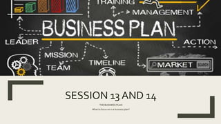 SESSION 13 AND 14
THE BUSINESS PLAN
What to focus on in a business plan?
 