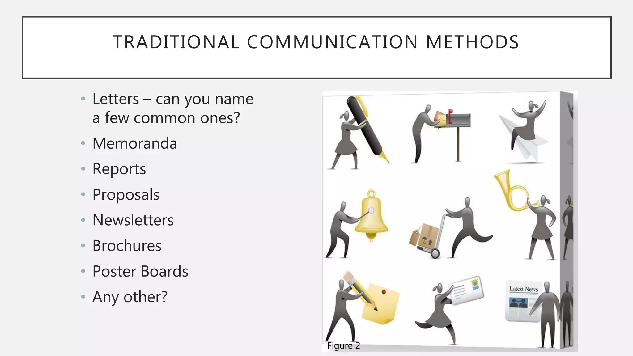 TRADITIONAL COMMUNICATION METHODS
• Letters – can you name
a few common ones?
• Memoranda
• Reports
• Proposals
• Newsletters
• Brochures
• Poster Boards
• Any other?
Figure 2
 