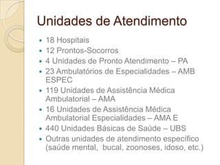 Unidades de Atendimento
   18 Hospitais
   12 Prontos-Socorros
   4 Unidades de Pronto Atendimento – PA
   23 Ambulató...