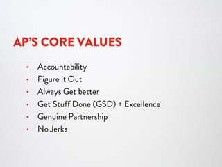 WORK SMARTER
Excellence is about knowing
what to do and what not to do,
and finding the 80/20. We are
measured by our results and our
outcomes (our performance),
not our inputs or time. Urgent
and important are not always the
same and we strive to know the
difference and remain focused on
outcomes.
“There is nothing quite so useless
as doing with great efficiency
something that should not be done
at all.”
PETER DRUCKER
 