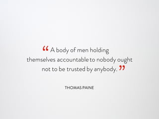 ENCOURAGE
AUTONOMY,
TRUST &
TRANSPARENCY
Our work environment requires
trust and autonomous decision
making. We trust everyone to
act in the best interest of our
stakeholders and do the right
thing when no one is watching.
We share both the good and the
bad, so that our team members
can make better decisions and
understand what is going on
around them and why.
“Truth never damages a cause that
is just.”
MAHATMA GANDHI
 