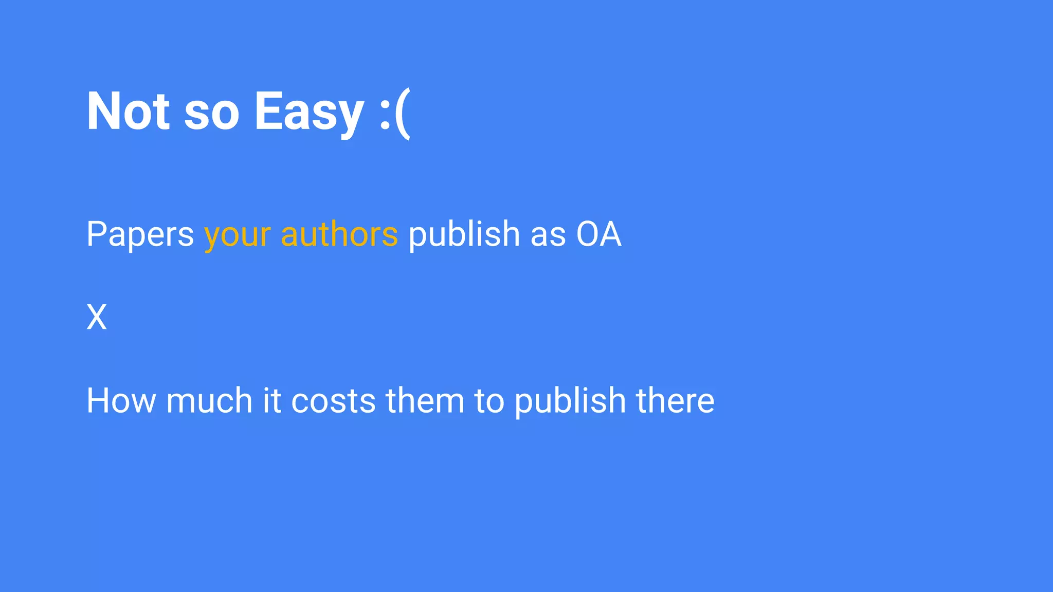 Not so Easy :(
Papers your authors publish as OA
X
How much it costs them to publish there
 