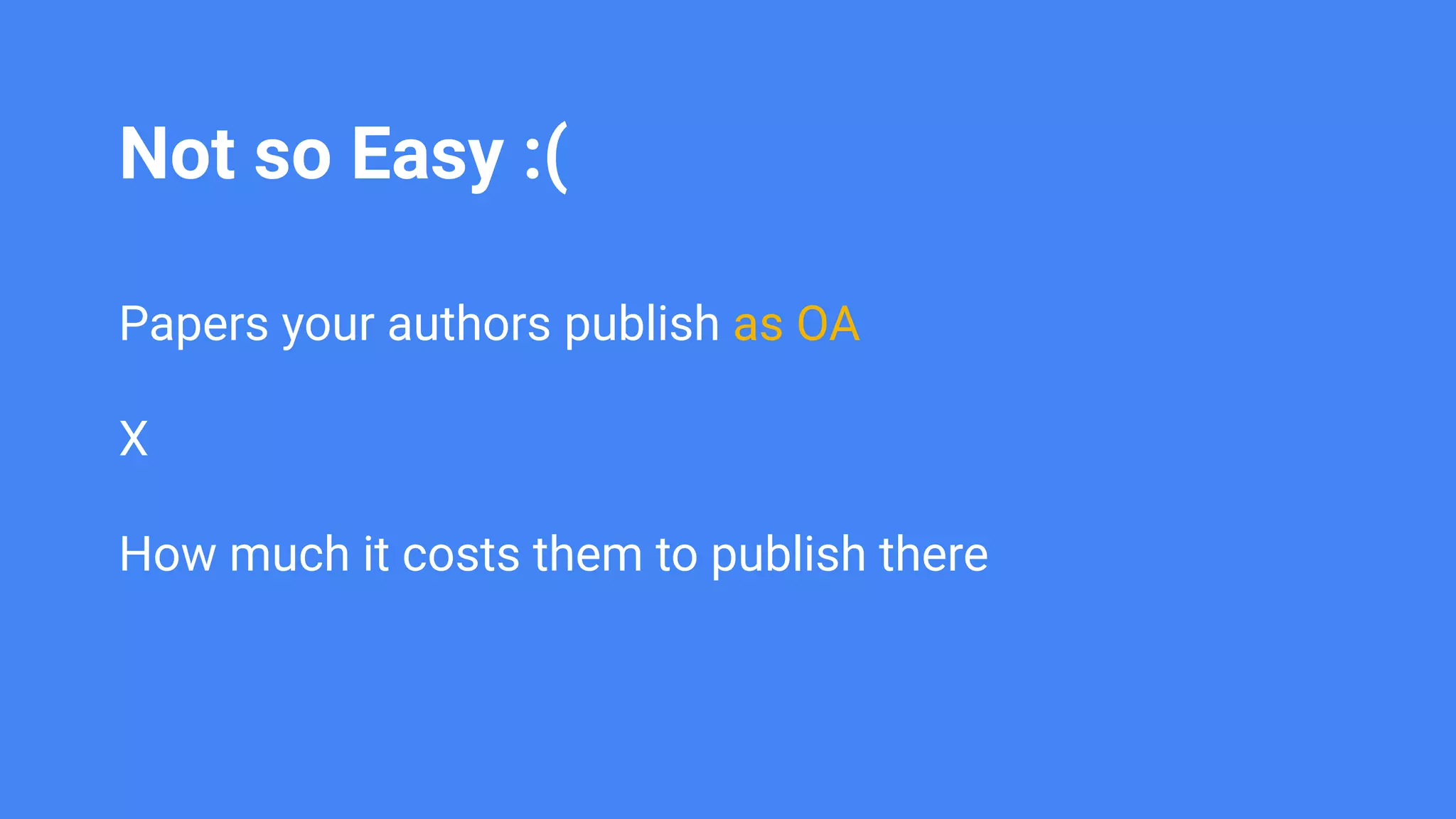Not so Easy :(
Papers your authors publish as OA
X
How much it costs them to publish there
 