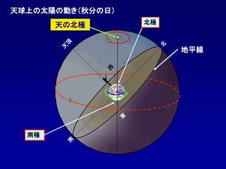 天球上の太陽の動き（秋分の日）
地平線
天の北極 北極
南極
 