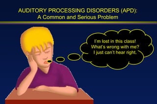 I’m lost in this class! What’s wrong with me? I just can’t hear right. AUDITORY PROCESSING DISORDERS (APD): A Common and Serious Problem 