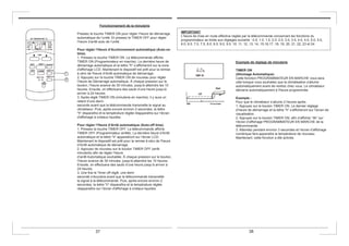 Fonctionnement de la minuterie
Pressez la touche TIMER ON pour régler l’heure de démarrage
automatique de l’unité. Et pressez le TIMER OFF pour régler
l’heure d’arrêt auto de l’unité.
Pour régler l’Heure d’Acctionnement automatique (Auto-on
time).
1. Pressez la touche TIMER ON. La télécommande affiche
TIMER ON (Programmateur en marche). La dernière heure de
démarrage automatique et la lettre "h" s’afficheront sur la zone
d'affichage LCD. Maintenant le dispositif est prêt pour la remise
à zéro de l'heure d’Arrêt automatique de démarrage.
2. Appuyez sur la touche TIMER ON de nouveau pour régler
l’heure de Démarrage automatique. À chaque pression sur le
bouton, l’heure avance de 30 minutes, jusqu'à atteindre les 10
heures. Ensuite, on effectuera des sauts d’une heure jusqu’à
arriver à 24 heures.
3. Après réglé TIMER ON (minuterie en marche), il y aura un
retard d’une demi-
seconde avant que la télécommande transmette le signal au
climatiseur. Puis, après encore environ 2 secondes, la lettre
"h" disparaîtra et la température réglée réapparaîtra sur l’écran
d'affichage à cristaux liquides.
Pour régler l’Heure d’Arrêt automatique (Auto-off time).
1. Pressez la touche TIMER OFF. La télécommande affiche
TIMER OFF (Programmateur arrêté). La dernière heure d’Arrêt
automatique et la lettre "h" apparaitront sur l’écran LCD.
Maintenant le dispositif est prêt pour la remise à zéro de l'heure
d’Arrêt automatique de démarrage.
2. Appuyez de nouveau sur le bouton TIMER OFF (arrêt
minuterie) afin de régler l’heure
d’arrêt Automatique souhaitée. À chaque pression sur le bouton,
l’heure avance de 30 minutes, jusqu'à atteindre les 10 heures.
Ensuite, on effectuera des sauts d’une heure jusqu’à arriver à
24 heures.
3. Une fois le Timer off réglé, une demi
seconde s’écoulera avant que la télécommande transmette
le signal à la télécommande. Puis, après encore environ 2
secondes, la lettre "h" disparaîtra et la température réglée
réapparaîtra sur l’écran d'affichage à cristaux liquides.
Exemple de réglage de minuterie
TIMER ON
(Allumage Automatique)
Cette fonction PROGRAMMATEUR EN MARCHE vous sera
utile lorsque vous souhaitez que la climatisation s'allume
automatiquement avant de rentrez chez vous. Le climatiseur
démarre automatiquement à l'heure programmée.
Exemple :
Pour que le climatiseur s’allume 2 heures après.
1. Appuyez sur le bouton TIMER ON. Le dernier réglage
d’heure de démarrage et la lettre "h" s’afficheront sur l’écran de
visualisation.
2. Appuyez sur le bouton TIMER ON, afin d’afficher “6h” sur
l’écran d’affichage PROGRAMMATEUR EN MARCHE de la
télécommande.
3. Attendez pendant environ 3 secondes et l’écran d’affichage
numérique fera apparaitre la température de nouveau.
Maintenant, cette fonction a été activée.
IMPORTANT
L’heure de mise en route effective réglée par la télécommande concernant les fonctions du
programmateur se limite aux réglages suivants : 0.5, 1.0, 1.5, 2.0, 2.5, 3.0, 3.5, 4.0, 4.5, 5.0, 5.5,
6.0, 6.5, 7.0, 7.5, 8.0, 8.5, 9.0, 9.5, 10, 11, 12, 13, 14, 15,16,17, 18, 19, 20, 21, 22, 23 et 24.
37 38
 