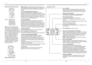 Botões de função (continuação)
Modelo: RG51B1/(C)EU,
RG51B/(C) UE,
RG51B26/(C)EU,
RG51B30/(C)EU,
RG51B32/(C)EU,
RG51B31/(C)EU.
NOTA: Os modelos RG51B/(C)UE
não possuem os botões SWING e
FOLLOW ME; os modelos RG51B1/
(C)UE não possuem o botão FOLLOW
ME; Os modelos RG51B30/(C)UE não
possuem os botões SWING, FOLLOW
ME e e a função de VENTILADOR
MED, e o botão INACTIVIDADE
em vez do botão ECONOMIA; Os
modelos RG51B32/(C)UE não
possuem o botão FOLLOW ME e
e a função de VENTILADOR MED,
e o botão INACTIVIDADE em vez
do botão ECONOMIA; os modelos
RG51B31/(C)UE não possuem o
botão FOLLOW ME.
Visor de MODO
Exibe o modo de operação seleccionado. Incluindo AUTO,
ARREFECIMENTO, SECAGEM, AQUECIMENTO (só nos
modelos de arrefecimento e aquecimento) e VENTILADOR.
Indicador de Transmissão
Este indicador de transmissão irá acender-se quando o
controlo remoto transmitir sinais à unidade interior.
Visor Temperatura/Timer
A definição de temperatura (de 17°C (62°F) a
30°C (88°F)) ou a definição do temporizador (0~24h) será
indicada.
Caso o modo do VENTILADOR esteja seleccionado, não será
apresentada nenhuma indicação.
Indicador LIGADO/DESLIGADO
Este indicador será apresentado quando a unidade estiver em
funcionamento.
Visor de MODO (Modo VENTILADOR)
Indicador da VELOCIDADE DA VENTOINHA
Indica a velocidade seleccionada do ventilador: AUTO, HIGH,
MED e LOW. Não se apresenta nada quando a velocidade do
ventilador está seleccionada em velocidade AUTO. Quando
o Modo AUTO ou SECO está seleccionado, não haverá
apresentação de nenhuns sinais.
NOTA: O modelo RG51B19/(C)E-M não possui não possui a
função de VENTILADOR MED.
Modelo: RG51B17/(C)EU
NOTA: Enquanto o aparelho estiver a funcionar no modo
INACTIVIDADE, este será cancelado quando o botão ON/OFF,
VELOCIDADE VENTILADOR, SUSPENSO ou MODO seja
premido.
10. Botão TEMPORIZADOR DESLIGADO
Prima este botão para activar a definição do tempo de
desligamento automático. Cada pressão aumentará o tempo
definido em incrementos de 30 minutos, até 10 horas, e depois
em incrementos de 1 hora após 24 horas. Para cancelar a
definição do tempo de desligamento automático, basta premir
o botão até que o tempo definido seja 0.0.
11. Botão BLOQUEIO
Prima este botão recuado para bloquear todas as actuais
definições, e o controlo remoto não aceitará qualquer
operação excepto a do BLOQUEIO. Use o modo BLOQUEIO
quando pretende evitar alterações acidentais das definições.
Premir novamente o botão BLOQUEIO para anular a função
BLOQUEIO. Um símbolo de fechadura aparecerá no visor do
controlo remoto quando a função de bloqueio está activada.
12. Botão ECRÃ LED
Prima este botão para limpar o visor na unidade interior,
prima-o novamente para iluminar o visor.
NOTA: RG51B18/(C)E ,RG51B19/(C)E-M,
Os modelos RG51B20/(C)E não possuem esta característica.
13. Botão FOLLOW ME/TEMP SENSING
- Prima este botão para iniciar a função FOLLOW ME.
- Quando a função Follow Me (Siga-me) é activada, a
apresentação remota indica a temperatura real no seu local.
O controlo remoto enviará este sinal ao ar condicionado a
cada intervalo de 3 minutos até que prima o botão Follow Me
novamente.
- A função Follow Me não se encontra disponível no modo
SECAGEM e VENTILADOR.
- Mudar para o modo de funcionamento ou desligar a unidade
cancelará a função Follow Me automaticamente.
14. Botão IÃO
Ao premir este botão, o gerador de iões é alimentado e
ajudará a remover o pólen e as impurezas do ar.
Visor de FOLLOW ME
Ao premir o botão FOLLOW ME/TEMP SENSING no modo
ARREFECIMENTO ou AQUECIMENTO, a função de detecção
remota é activada e apresenta este indicador
Visor do TEMPORIZADOR
Esta zona do visor mostra as programações do
TEMPORIZADOR. Isto é, caso apenas a função de ligação
automática esteja definida, irá indicar TEMPORIZADOR
LIGADO. Caso a função de desligamento automático esteja
definida, TEMPORIZADOR DESLIGADO será indicado.
Caso ambas as funções estejam definidas, irá apresentar
TEMPORIZADOR ON OFF, que indica que seleccionou ambas
as funções de ligação automática e desligamento automático.
Indicador BLOQUEIO
O indicador BLOQUEIO é apresentado ao premir o botão
BLOQUEIO. Premir de novo a tecla LOCK para limpar o
mostrador.
Indicadores no LCD
47 48
 