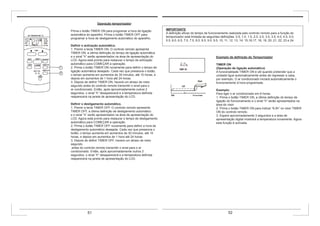 Operação temporizador
Prima o botão TIMER ON para programar a hora de ligação
automática do aparelho. Prima o botão TIMER OFF para
programar a hora de desligamento automático do aparelho.
Definir o activação automático.
1. Premir a tecla TIMER ON. O controlo remoto apresenta
TIMER ON, a última definição do tempo de ligação automática
e o sinal “h” serão apresentados na área de apresentação do
LCD. Agora está pronto para restaurar o tempo de activação
automático para COMEÇAR a operação.
2. Prima o botão TIMER ON novamente para definir o tempo de
ligação automática desejado. Cada vez que pressiona o botão,
o tempo aumenta em aumentos de 30 minutos, até 10 horas, e
depois em aumentos de 1 hora até 24 horas.
3. Depois de definir TIMER ON, haverá um atraso de meio
segundo antes do controlo remoto transmitir o sinal para o
ar condicionado. Então, após aproximadamente outros 2
segundos, o sinal “h” desaparecerá e a temperatura definida
reaparecerá na janela de apresentação do LCD.
Definir o desligamento automático.
1. Premir a tecla TIMER OFF. O controlo remoto apresenta
TIMER OFF, a última definição de desligamento automático
e o sinal “h” serão apresentados na área de apresentação do
LCD. Agora está pronto para restaurar o tempo de desligamento
automático para COMEÇAR a operação.
2. Prima o botão TIMER OFF novamente para definir a hora de
desligamento automático desejada. Cada vez que pressiona o
botão, o tempo aumenta em aumentos de 30 minutos, até 10
horas, e depois em aumentos de 1 hora até 24 horas.
3. Depois de definir TIMER OFF, haverá um atraso de meio
segundo
antes do controlo remoto transmitir o sinal para o ar
condicionado. Então, após aproximadamente outros 2
segundos, o sinal “h” desaparecerá e a temperatura definida
reaparecerá na janela de apresentação do LCD.
Exemplo de definição do Temporizador
TIMER ON
(Operação de ligação automático)
A funcionalidade TIMER ON é útil quando pretender que a
unidade ligue automaticamente antes de regressar a casa,
por exemplo. O ar condicionado iniciará automaticamente o
funcionamento à hora programada.
Exemplo:
Para ligar o ar condicionado em 6 horas.
1. Prima o botão TIMER ON, a última definição do tempo de
ligação do funcionamento e o sinal “h” serão apresentados na
área do visor.
2. Prima o botão TIMER ON para indicar “6:0h” no visor TIMER
ON do controlo remoto.
3. Espere aproximadamente 3 segundos e a área de
apresentação digital mostrará a temperatura novamente. Agora
esta função é activada.
IMPORTANTE
A definição eficaz do tempo de funcionamento realizada pelo controlo remoto para a função do
temporizador está limitada às seguintes definições. 0.5, 1.0, 1.5, 2.0, 2.5, 3.0, 3.5, 4.0, 4.5, 5.0,
5.5, 6.0, 6.5, 7.0, 7.5, 8.0, 8.5, 9.0, 9.5, 10, 11, 12, 13, 14, 15,16,17, 18, 19, 20, 21, 22, 23 e 24.
51 52
 