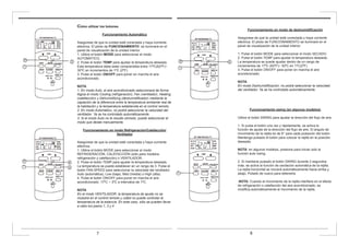 Funcionamiento en modo de deshumidificación
Asegúrese de que la unidad esté conectada y haya corriente
eléctrica. El piloto de FUNCIONAMIENTO se iluminará en el
panel de visualización de la unidad interior.
1. Pulse el botón MODE para seleccionar el modo SECADO.
2. Pulse el botón TEMP para ajustar la temperatura deseada.
La temperatura se puede ajustar dentro de un rango de
incrementos de 17ºC (62ºF)~ 30ºC en 1ºC(2ºF)
3. Pulse el botón ON/OFF para poner en marcha el aire
acondicionado.
NOTA
En modo Deshumidificación, no podrá seleccionar la velocidad
del ventilador. Ya se ha controlado automáticamente.
Funcionamiento swing (en algunos modelos)
Utilice el botón SWING para ajustar la dirección del flujo de aire.
1. Si pulsa el botón una vez y rápidamente, se activa la
función de ajuste de la dirección del flujo de aire. El ángulo de
movimiento de la rejilla es de 6° para cada pulsación del botón.
Mantenga pulsado el botón para colocar la rejilla en la posición
deseada.
NOTA: en algunos modelos, presione para iniciar solo la
función auto swing.
2. Si mantiene pulsado el botón SWING durante 2 segundos
más, se activa la función de oscilación automática de la rejilla.
La rejilla horizontal se moverá automáticamente hacia arriba y
abajo. Púlselo de nuevo para detenerla
.NOTA: Cuando el movimiento de la rejilla interfiere en el efecto
de refrigeración o calefacción del aire acondicionado, se
modifica automáticamente el movimiento de la rejilla.
Cómo utilizar los botones
Funcionamiento Automático
Asegúrese de que la unidad esté conectada y haya corriente
eléctrica. El piloto de FUNCIONAMIENTO se iluminará en el
panel de visualización de la unidad interior.
1. Utilice el botón MODE para seleccionar el modo
AUTOMÁTICO.
2. Pulse el botón TEMP para ajustar la temperatura deseada.
Esta temperatura debe estar comprendida entre 17ºC(62ºF)~
30ºC en incrementos de 1ºC (2ºF).
3. Pulse el botón ON/OFF para poner en marcha el aire
acondicionado.
NOTA
1. En modo Auto, el aire acondicionado seleccionará de forma
lógica el modo Cooling (refrigeración), Fan (ventilador), Heating
(calefacción) y Dehumidifying (deshumidificador) mediante la
captación de la diferencia entre la temperatura ambiente real de
la habitación y la temperatura establecida en el control remoto.
2. En modo Automático, no podrá seleccionar la velocidad del
ventilador. Ya se ha controlado automáticamente.
3. Si el modo Auto no le resulta cómodo, puede seleccionar el
modo que desee manualmente.
Funcionamiento en modo Refrigeración/Calefacción/
Ventilador
Asegúrese de que la unidad esté conectada y haya corriente
eléctrica.
1. Utilice el botón MODE para seleccionar el modo
REFRIGERACIÓN, CALEFACCIÓN (sólo para modelos
refrigeración y calefacción) o VENTILADOR.
2. Pulse el botón TEMP para ajustar la temperatura deseada.
La temperatura se puede establecer en un rango de 3. Pulse el
botón FAN SPEED para seleccionar la velocidad del ventilador:
Auto (automática), Low (baja), Med (media) o High (alta).
4. Pulse el botón ON/OFF para poner en marcha el aire
acondicionado. 17ºC ~ 3ºC a intervalos de 1ºC.
NOTA
En el modo VENTILADOR, la temperatura de ajuste no se
muestra en el control remoto y usted no puede controlar la
temperatura de la estancia. En este caso, sólo se pueden llevar
a cabo los pasos 1, 3 y 4
7 8
 