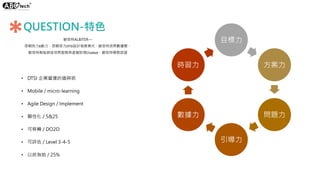 QUESTION-特色
目標力
方案力
問題力
引導力
數據力
時習力
歐倍特ALBITER—
思翱倍力6動力、思翱倍力DTSI設計發展模式、歐倍特培育數據雲、
歐倍特智能師徒培育服務與虛擬助理Chatbot、歐倍特學教認證
*
• DTSI 企業營運的道與術
• Mobile / micro-learning
• Agile Design / Implement
• 顯性化 / 5&25
• 可移轉 / DO2O
• 可評估 / Level 3-4-5
• 以終為始 / 25%
 