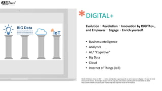DIGITAL+
• Business Intelligence
• Analytics
• AI / “Cognitive”
• Big Data
• Cloud
• Internet of Things (IoT)
Evolution、Revolution、Innovation by DIGITAL+ ,
and Empower、Engage，Enrich yourself.
*
World of Watson, these are IBM’s 4 pillars and Big Blue is gearing up for an arms race and a big war - the war for mind
share and for money. According to analyst firm IDC, big data and analytics spending will hit $203 billion by 2020.
https://www.linkedin.com/pulse/war-4-pillars-big-data-cognitive-cloud-iot-bill-hayduk/
 