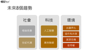 未來8個趨勢
社會
極端長壽
世紀代溝
科技
人工智慧
萬物聯網
環境
去疆界化
協作和共享
資源危機
使用權
 