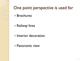 One point perspective is used for
 Brochures
 Railway lines
 Interior decoration
 Panoramic view
61
 