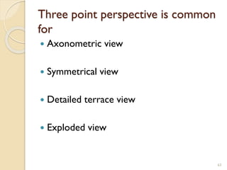 Three point perspective is common
for
 Axonometric view
 Symmetrical view
 Detailed terrace view
 Exploded view
63
 