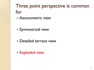 Three point perspective is common
for
 Axonometric view
 Symmetrical view
 Detailed terrace view
 Exploded view
64
 