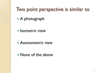 Two point perspective is similar to
 A photograph
 Isometric view
 Axonometric view
 None of the above
79
 