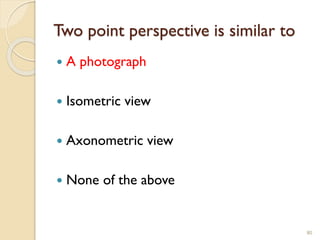 Two point perspective is similar to
 A photograph
 Isometric view
 Axonometric view
 None of the above
80
 