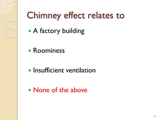 Chimney effect relates to
 A factory building
 Roominess
 Insufficient ventilation
 None of the above
84
 