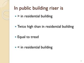 In public building riser is
 > in residential building
 Twice high than in residential building
 Equal to tread
 < in residential building
97
 