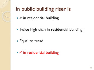 In public building riser is
 > in residential building
 Twice high than in residential building
 Equal to tread
 < in residential building
98
 