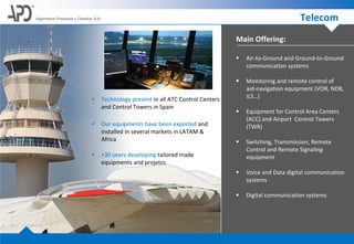 Main Offering:
Algoritmos Procesos y Diseños S.A. Telecom
 Air-to-Ground and Ground-to-Ground
communication systems
 Monitoring and remote control of
aid-navigation equipment (VOR, NDB,
ILS…)
 Equipment for Control Area Centers
(ACC) and Airport Control Towers
(TWR)
 Switching, Transmission, Remote
Control and Remote Signaling
equipment
 Voice and Data digital communication
systems
 Digital communication systems
 Technology present in all ATC Control Centers
and Control Towers in Spain
 Our equipments have been exported and
installed in several markets in LATAM &
Africa
 +30 years developing tailored made
equipments and projetcs
 