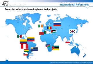 International ReferencesAlgoritmos Procesos y Diseños S.A.
Countries where we have implemented projects
Information of our international references and case studies are fully available upon request
 