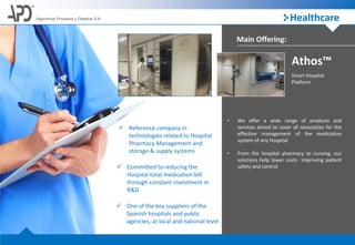 HealthcareAlgoritmos Procesos y Diseños S.A.
Main Offering:
Smart Hospital
Platform
Athos™
• We offer a wide range of products and
services aimed to cover all necessities for the
effective management of the medication
system of any Hospital.
• From the hospital pharmacy to nursing, our
solutions help lower costs improving patient
safety and control
 One of the key suppliers of the
Spanish hospitals and public
agencies, at local and national level
 Reference company in
technologies related to Hospital
Pharmacy Management and
storage & supply systems
 Committed to reducing the
Hospital total medication bill
through constant investment in
R&D
 