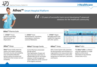 Algoritmos Procesos y Diseños S.A.
“+ 25 years of successful track record developing IT advanced
solutions for the healthcare community
Athos™ Smart Hospital Platform
e
Athos™ Pharma Suite
Athos™ Dosys Athos™ Storage Family Athos™ UCriAthos™ Temp
 ATHOSTM Prisma
Electronic prescribing
Pharmaceutical care
Dispensation
Athos™ Dosys Family meets the
needs of any medical institution
that wants security and availability
of an automated medication
delivery without the details and
attachments that increase cost and
complexity.
Central Pharmarcy Automated
Storage System
Their optimization of space and
high productivity make them an
indispensable tool for any Project.
Likewise, its S/W management
system allows the correct control of
all the logistics processes
The Athos™ UCRI is a software
suite that integrates in a single
platform all the clinical
information of any Intensive
Critical Units or ICU´s
APD´s Control System fully automates
the documentation and centralizes in a
single platform the measurement data
of ambient temperature as well as the
temperature of cold rooms, cold stores
and freezers.
 ATHOSTM Stock
Multiwarehouse, acquisitions,
consumptions, inventories,
control of Medication
 ATHOSTM Msgen
Messaging System that
enables the integration
with other systems.
Healthcare
 