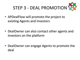 STEP	
  3	
  -­‐	
  DEAL	
  PROMOTION	
  
•  APDealFlow	
  will	
  promote	
  the	
  project	
  to	
  
   exis3ng	
  Agents	
  and	
  Investors	
  	
  

•  DealOwner	
  can	
  also	
  contact	
  other	
  agents	
  and	
  
   investors	
  on	
  the	
  plamorm	
  

•  DealOwner	
  can	
  engage	
  Agents	
  to	
  promote	
  the	
  
   deal	
  	
  	
  	
  	
  	
  	
  	
  	
  	
  	
  	
  	
  	
  	
  	
  	
  	
  	
  	
  	
  	
  	
  	
  	
  	
  	
  	
  	
  	
  	
  	
  	
  	
  	
  	
  	
  	
  	
  	
  	
  	
  	
  	
  	
  	
  	
  	
  	
  	
  	
  	
  	
  	
  	
  	
  	
  	
  	
  	
  	
  	
  	
  	
  	
  	
  	
  	
  	
  	
  	
  	
  	
  	
  	
  	
  	
  	
  	
  	
  	
  	
  	
  
 