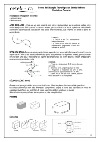 18
Centro de Educação Tecnológica do Estado da Bahia
Unidade de Camaçari
Dois tipos de linhas podem concordar:
- Arco com arco;
- Reta com arco.
ARCO COM ARCO – Para que um arco concorde com outro, é indispensável que o ponto de contato entre
ambos esteja numa linha que una os centros, ou seja, para concordar dois arcos, o ponto de concordância
assim como os centros dos arcos devem estar sobre uma mesma reta, que é normal aos arcos no ponto de
concordância.
RETA COM ARCO - Para que um segmento de reta concorde com um arco é indispensável que se forme um
ângulo de 90° entre o raio da circunferência ao qual o arco pertence e o segmento, ou seja, para concordar
um arco com uma reta, é necessário que o ponto de concordância e o centro do arco, estejam ambos sobre
uma mesma perpendicular à reta.
SÓLIDOS GEOMÉTRICOS
Quando uma figura geométrica tem pontos situados em diferentes planos, temos um sólido geométrico.
Os sólidos geométricos têm três dimensões: comprimento, largura e altura. São separados do resto do
espaço por superfícies que os limitam. E essas superfícies podem ser planas ou curvas.
Sólidos limitados por superfícies planas: prisma, o cubo e as pirâmides.
PRISMAS
Elementos
EXEMPLO:
1 – Traça-se o raio O1C, prolongando-se
indeterminadamente.
2 – Centro em um ponto O2 qualquer do
prolongamento, descreve-se o outro arco
solicitado de raio O2C.
EXEMPLO:
1 – Traça-se a perpendicular C1C2 comum às duas
semi-retas.
2 – Determina-se C3, um ponto qualquer de C1C2.
3 – Traçam-se as mediatrizes de C1C3 e C3C2,
determinando-se, respectivamente, O1 e O2 (PR1).
4 – Centro em O1, com raio O1C1, e em O2, com raio
O2C2, descrevem-se os arcos pedidos.
 