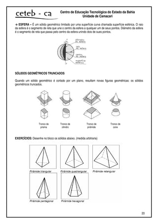 20
Centro de Educação Tecnológica do Estado da Bahia
Unidade de Camaçari
ESFERA – É um sólido geométrico limitado por uma superfície curva chamada superfície esférica. O raio
da esfera é o segmento de reta que une o centro da esfera a qualquer um de seus pontos. Diâmetro da esfera
é o segmento de reta que passa pelo centro da esfera unindo dois de sues pontos.
SÓLIDOS GEOMÉTRICOS TRUNCADOS
Quando um sólido geométrico é cortado por um plano, resultam novas figuras geométricas: os sólidos
geométricos truncados.
EXERCÍCIOS: Desenhe no bloco os sólidos abaixo. (medida arbitraria)
Tronco de
prisma
Tronco de
cilindro
Tronco de
pirâmide
Tronco de
cone
 