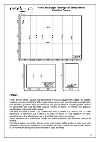 25
Centro de Educação Tecnológica do Estado da Bahia
Unidade de Camaçari
ESCALAS
Como o desenho técnico é utilizado para representação de máquinas, equipamentos, prédios e até unidades
inteiras de processamento industrial, é fácil concluir que nem sempre será possível representar os objetos em
suas verdadeiras grandezas. Assim, para viabilizar a execução dos desenhos, os objetos grandes precisam
ser representados com suas dimensões reduzidas, enquanto os objetos, ou detalhes, muito pequenos
necessitarão de uma representação ampliada.
Para evitar distorções e manter a proporcionalidade entre o desenho e o tamanho real do objeto
representado, foi normalizado que as reduções ou ampliações devem ser feitas respeitando uma razão
constante entre as dimensões do desenho e as dimensões reais do objeto representado.
A razão existente entre as dimensões do desenho e as dimensões reais do objeto é chamada de escala do
desenho.
É importante ressaltar que, sendo o desenho técnico uma linguagem gráfica, a ordem da razão nunca pode
ser invertida, e a escala do desenho sempre será definida pela relação existente entre as dimensões lineares
de um desenho com as respectivas dimensões reais do objeto desenhado.
 