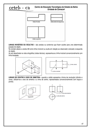 47
Centro de Educação Tecnológica do Estado da Bahia
Unidade de Camaçari
LINHAS INVISÍVEIS OU OCULTAS – são arestas ou contornos que ficam ocultos para uma determinada
posição do objeto.
No exmplo abaixo a aresta AB como linha invisível ou oculta em relação ao observador colocado à esquerda
do objeto.
Ao ser desenhada na vista ortográfica (vistas técnica), representa-se a linha invisível convencionalmente com
linha tracejada.
LINHAS DE CENTRO E EIXO DE SIMETRIA - quando o sólido apresenta a forma de revolução (cilindro e
cone), utilizam-se o eixo de simetria e a linha de centro, representados convencionalmente com traços e
pontos.
 