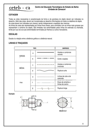 8
Centro de Educação Tecnológica do Estado da Bahia
Unidade de Camaçari
COTAGEM
Todas as cotas necessárias à caracterização da forma e da grandeza do objeto devem ser indicadas no
desenho. Além das cotas, devem ser incorporadas ao desenho informações em todos os detalhes do objeto.
As cotas devem ser indicadas com clareza, sendo indispensável a repetição das mesmas.
As linhas de cotas são representadas por linhas finas cheias, para contrastar com as linhas mais grossas que
representam o contorno do objeto. São limitadas nas extremidades pelas linhas de extensão ou chamada,
tendo por sua vez as suas extremidades terminadas por flechas ou outros marcadores.
ESCALAS
Escala é a relação entre a distância gráfica e a distância natural.
LINHAS E TRAÇADOS
Exemplo
GROSS
A
MÉDIA
FINA
a
b
c
d
e
f
g
Arestas e contornos
visíveis
Corte e seções
Arestas e contornos
invisíveis
Ruptura curta
Linhas de cota e de
extensão
Hachuras e diagonais
Eixos de simetria e
linhas de centro
Ruptura longa
TIPO EMPREGO
g
e
a
b
c d
f
e
SEÇÃO A-A’
ee
 