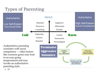 Types of Parenting
Authoritative parenting
correlates with social
competence — other factors
like common genes may lead
to an easy-going
temperament and may
invoke an authoritative
parenting style.
Strict
Permissive
Aggressive
Immature
Cold WarmLenient
Inconsistent
Overindulgent
Neglecting
Careless
Detached
Detached
Possessive
Controlling
Supportive
Affectionate
Flexible
Authoritative
High Self-Esteem
Social Competence
Authoritarian
Low Self-Esteem
Poor Social Skills
29
 