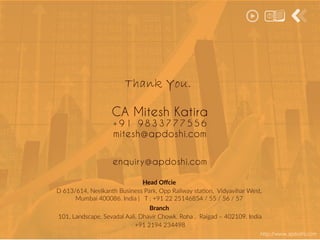 Head Oﬀcie
D 613/614, Neelkanth Business Park, Opp Railway station, Vidyavihar West,
Mumbai 400086. India | T : +91 22 25146854 / 55 / 56 / 57
Thank You.
CA Mitesh Katira
+ 9 1 9 8 3 3 7 7 7 5 5 6
mitesh@apdoshi.com
Branch
101, Landscape, Sevadal Aali, Dhavir Chowk. Roha , Raigad – 402109. India
+91 2194 234498
enquiry@apdoshi.com
http://www.apdoshi.comhttp://www.apdoshi.com
 