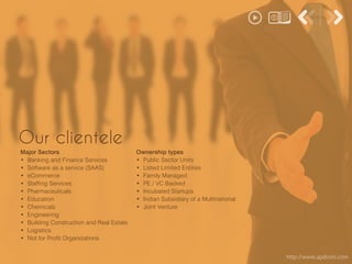http://www.apdoshi.com
Our clientele
Major Sectors
• Banking and Finance Services
• Software as a service (SAAS)
• eCommerce
• Staffing Services
• Pharmaceuticals
• Education
• Chemicals
• Engineering
• Building Construction and Real Estate
• Logistics
• Not for Profit Organizations
Ownership types
• Public Sector Units
• Listed Limited Entities
• Family Managed
• PE / VC Backed
• Incubated Startups
• Indian Subsidiary of a Multinational
• Joint Venture
 