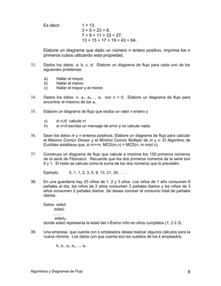 Es decir:                  1 = 13,
                                  3 + 5 = 23 = 8,
                                  7 + 9 + 11 = 33 = 27,
                                  13 + 15 + 17 + 19 = 43 = 64.

       Elabore un diagrama que dado un número n entero positivo, imprima los n
       primeros cubos utilizando esta propiedad.

33.    Dados los datos: a, b, c, d; Elabore un diagrama de flujo para cada uno de los
       siguientes problemas:

       a)      Hallar el mayor.
       b)      Hallar el menor.
       c)      Hallar el mayor y el menor.

34.    Dados los datos: n, a1, a2,..., an con n > 0, Elabore un diagrama de flujo para
       encontrar el máximo de los ai.

35.    Elabore un diagrama de flujo que reciba un valor n entero y

       a)      si n≥0 calcule n!
       b)      si n<0 escriba un mensaje de error y no calcule nada.

36.    Sean los datos m y n enteros positivos, Elabore un diagrama de flujo para calcular
       el Máximo Común Divisor y el Mínimo Común Múltiplo de m y n. El Algoritmo de
       Euclides establece que, si m>=n, MCD(m,n) = MCD(n, m mod n).

37.    Construya un diagrama de flujo que calcule e imprima los 150 primeros números
       de la serie de Fibonacci. Recuerde que los dos primeros números de la serie son
       0 y 1. El resto se calcula como la suma de los dos números que lo preceden.

       Ejemplo:         0, 1, 1, 2, 3, 5, 8, 13, 21, 34, . . .

38.    En una guardería hay 25 niños de 1, 2 y 3 años. Los niños de 1 año consumen 6
       pañales al día, los niños de 2 años consumen 3 pañales diarios y los niños de 3
       años consumen 2 pañales diarios. Se desea conocer el consumo total de pañales
       diarios.

       Datos: edad1
             edad2
            .....
             edad25
       donde edadi representa la edad del i–ésimo niño en años cumplidos (1, 2 ó 3).

39.    Una empresa que cuenta con k empleados desea realizar algunos cálculos para la
       nueva nómina. Los datos con que cuenta son los sueldos de los k empleados:

               k, s1, s2, s3, ..., sk.




Algoritmos y Diagramas de Flujo                                                        8
 