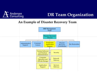 An Example of Disaster Recovery Team
Administrative
Support
Customer
Liaison
System Software
and Database
Administration
Security
Computer
Operation and
Off-site Storage
Network
Delivery
Application
Support
Services
Delivery
Production
Application
Support
Disaster
Recovery
Coordinator
Site Restoration
Disaster Recovery
Director
DRP Management
Team
DR Team Organization
 