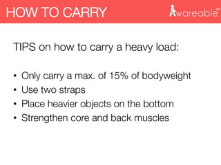 TIPS on how to carry a heavy load:

•  Only carry a max. of 15% of bodyweight
•  Use two straps
•  Place heavier objects on the bottom
•  Strengthen core and back muscles

HOW TO CARRY
 