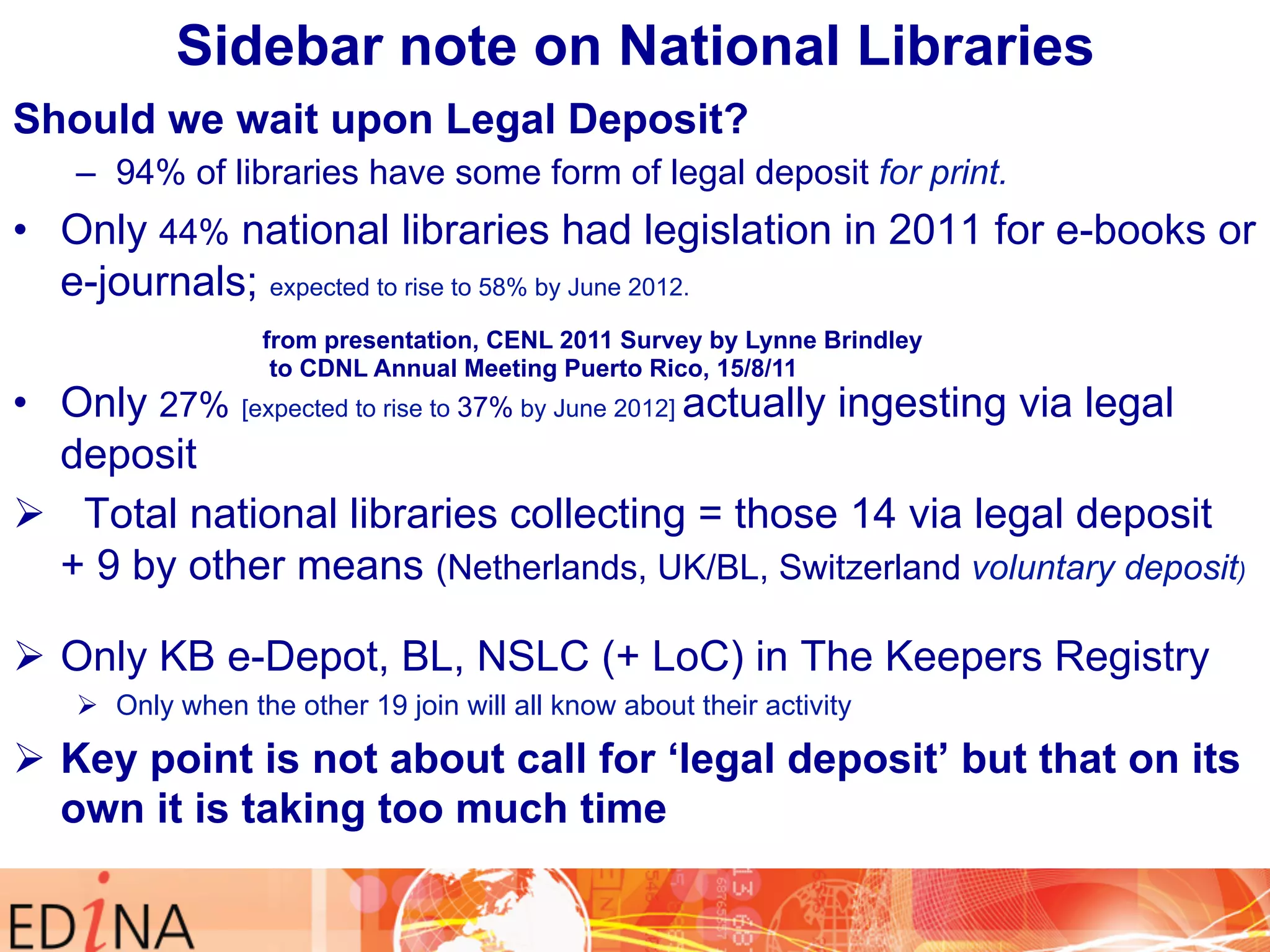 Sidebar note on National Libraries 
Should we wait upon Legal Deposit? 
– 94% of libraries have some form of legal deposit for print. 
• Only 44% national libraries had legislation in 2011 for e-books or 
e-journals; expected to rise to 58% by June 2012. 
from presentation, CENL 2011 Survey by Lynne Brindley 
to CDNL Annual Meeting Puerto Rico, 15/8/11 
• Only 27% [expected to rise to 37% by June 2012] actually ingesting via legal 
deposit 
Ø Total national libraries collecting = those 14 via legal deposit 
+ 9 by other means (Netherlands, UK/BL, Switzerland voluntary deposit) 
Ø Only KB e-Depot, BL, NSLC (+ LoC) in The Keepers Registry 
Ø Only when the other 19 join will all know about their activity 
Ø Key point is not about call for ‘legal deposit’ but that on its 
own it is taking too much time 
